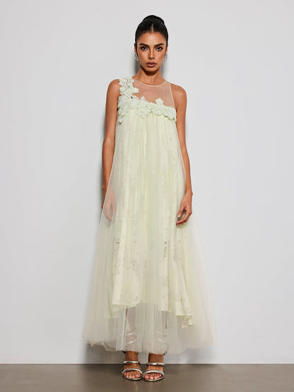Esnavi Sleeveless Flower Mesh Maxi Dress