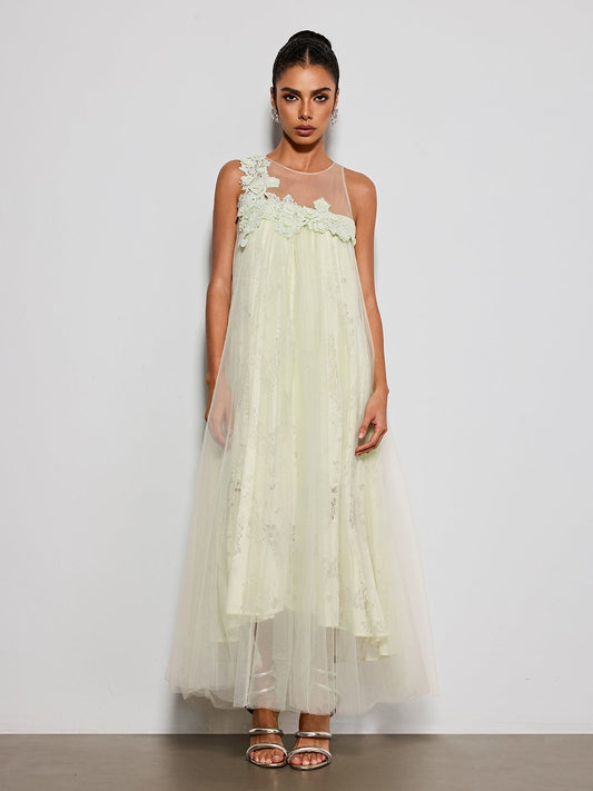 Esnavi Sleeveless Flower Mesh Maxi Dress