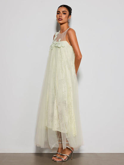 Esnavi Sleeveless Flower Mesh Maxi Dress