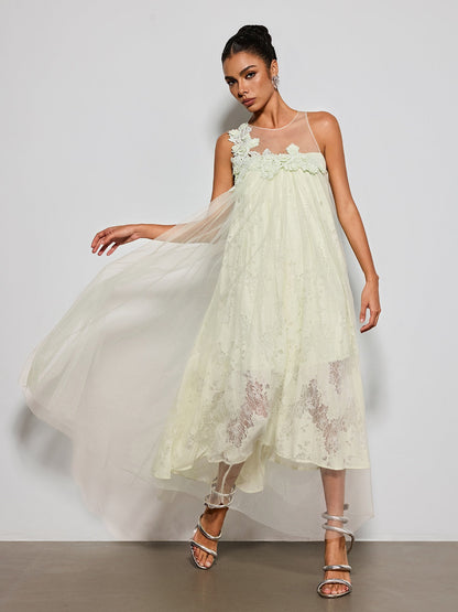 Esnavi Sleeveless Flower Mesh Maxi Dress