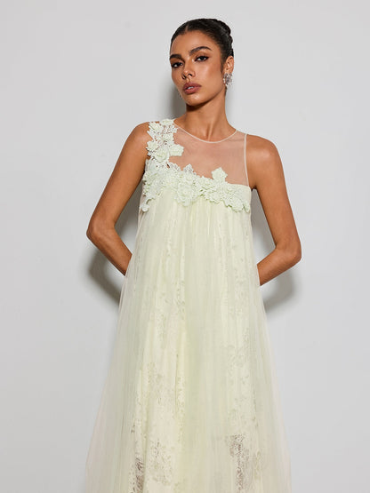 Esnavi Sleeveless Flower Mesh Maxi Dress