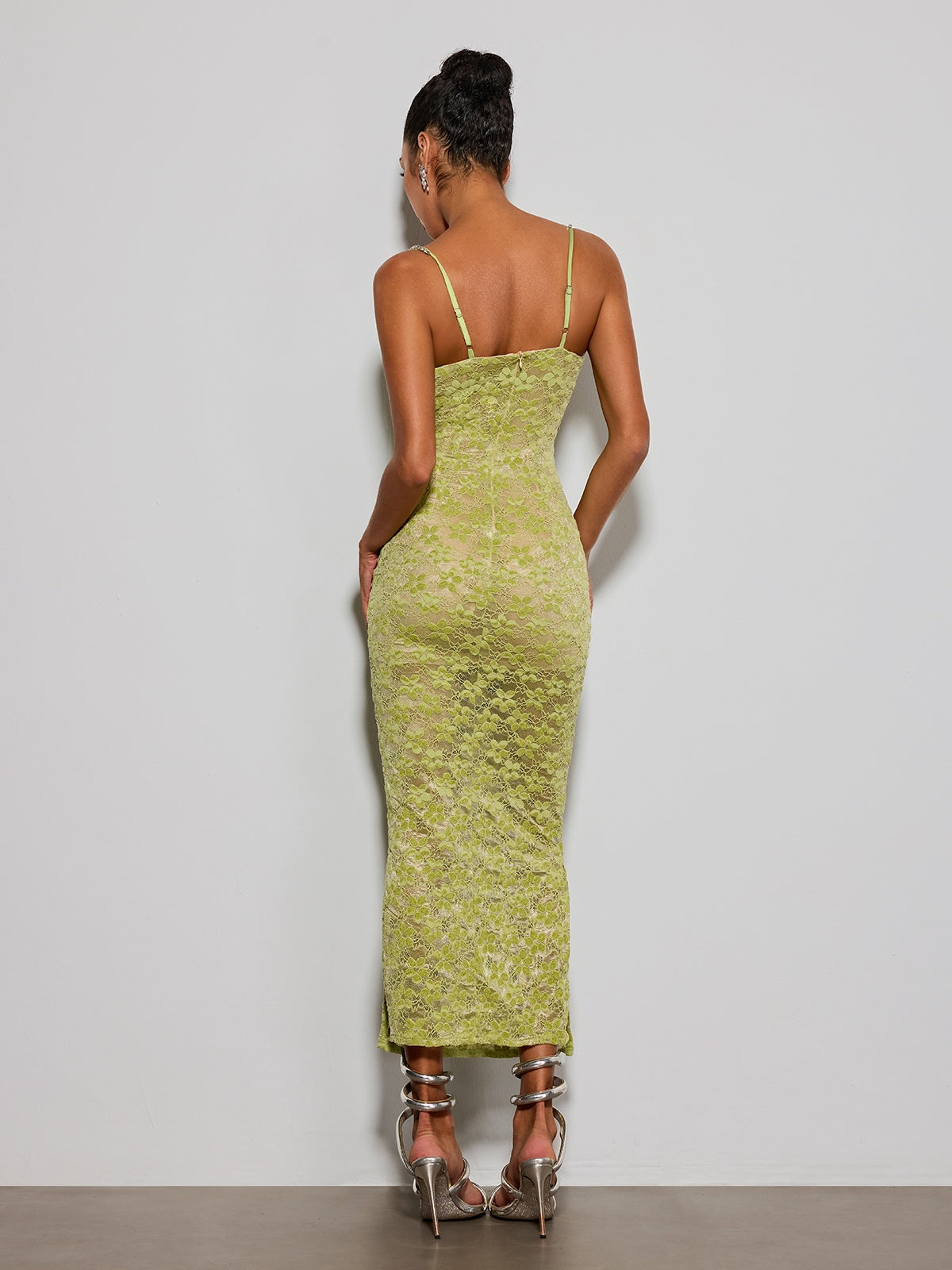 Esparza Spaghetti Rhinestone Floral Maxi Dress