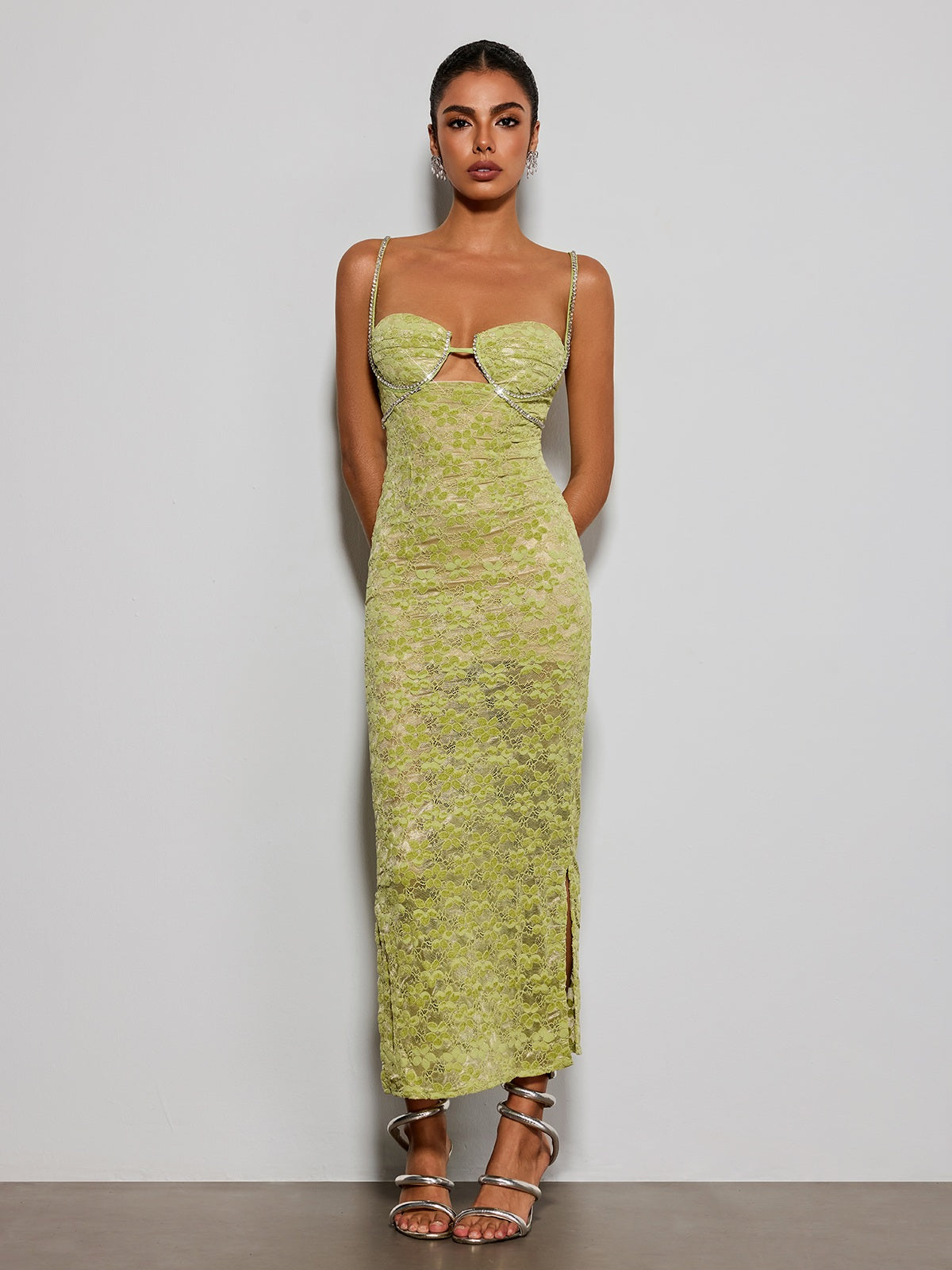 Esparza Spaghetti Rhinestone Floral Maxi Dress