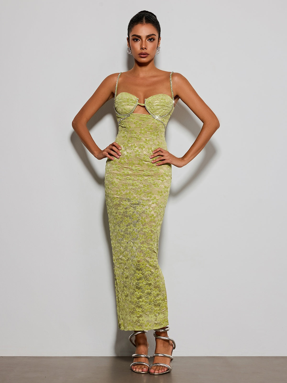Esparza Spaghetti Rhinestone Floral Maxi Dress