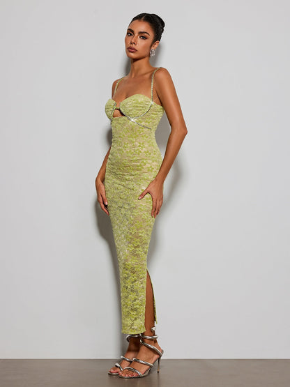 Esparza Spaghetti Rhinestone Floral Maxi Dress
