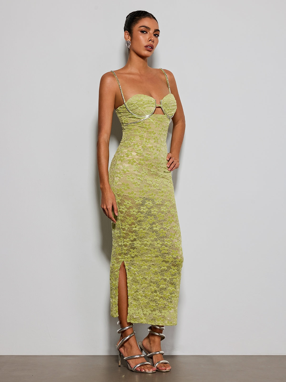 Esparza Spaghetti Rhinestone Floral Maxi Dress