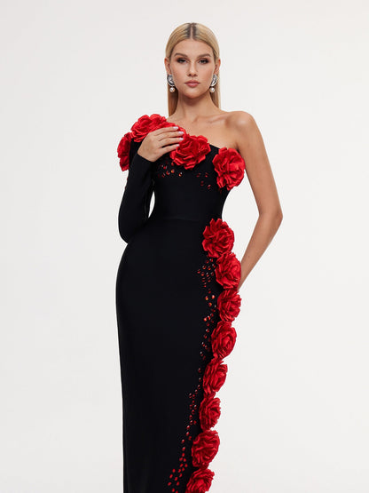 Execra One Shoulder Flower Bandage Maxi Dress