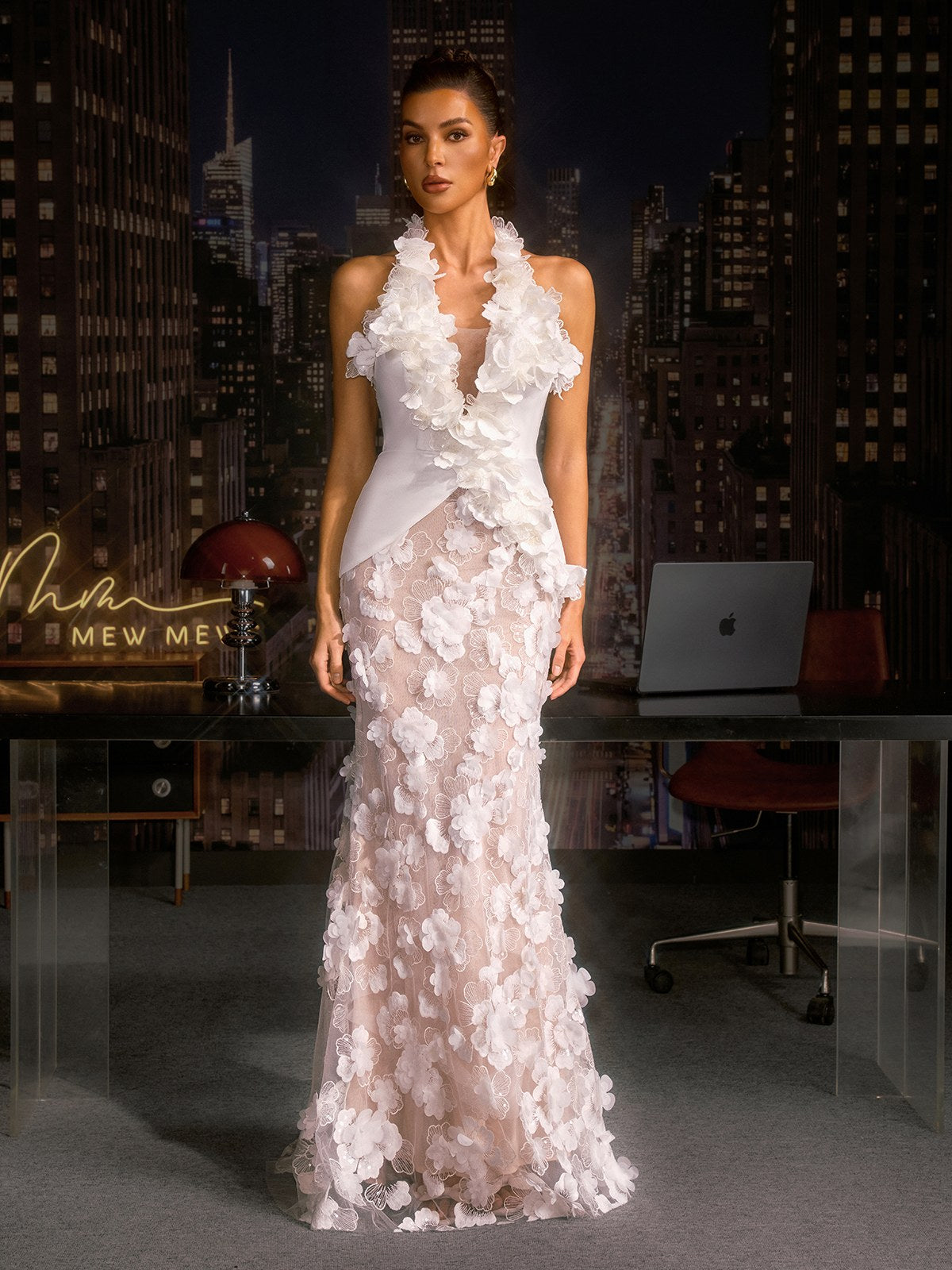Exylen Halterneck Flower Sequin Maxi Dress