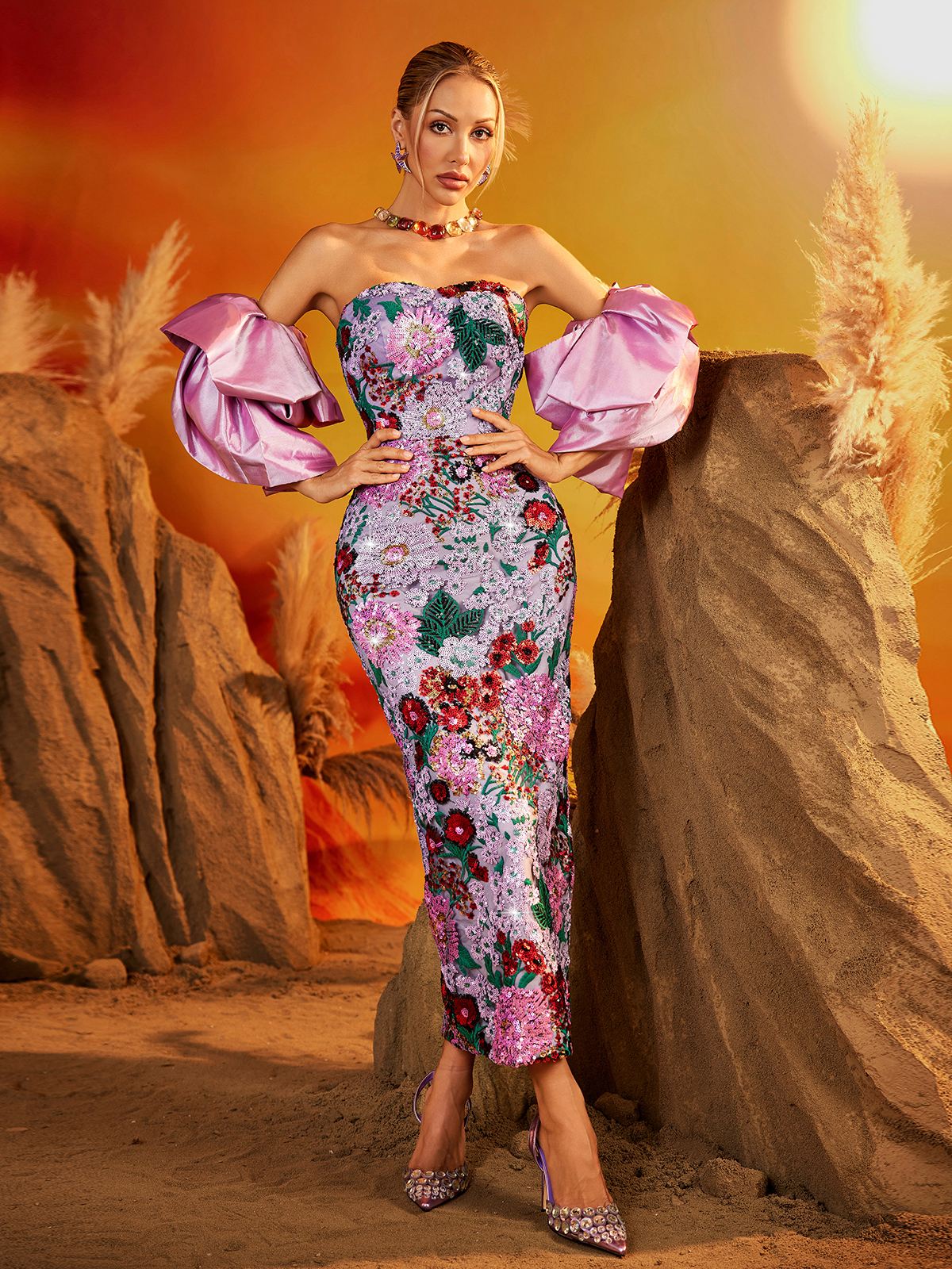 Rosstef Floral Puff Sleeve Midi Dress