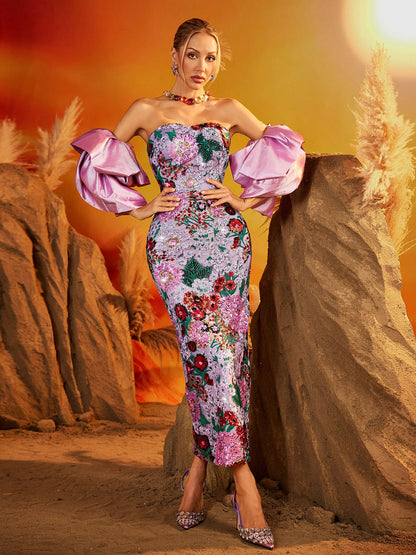 Rosstef Floral Puff Sleeve Midi Dress
