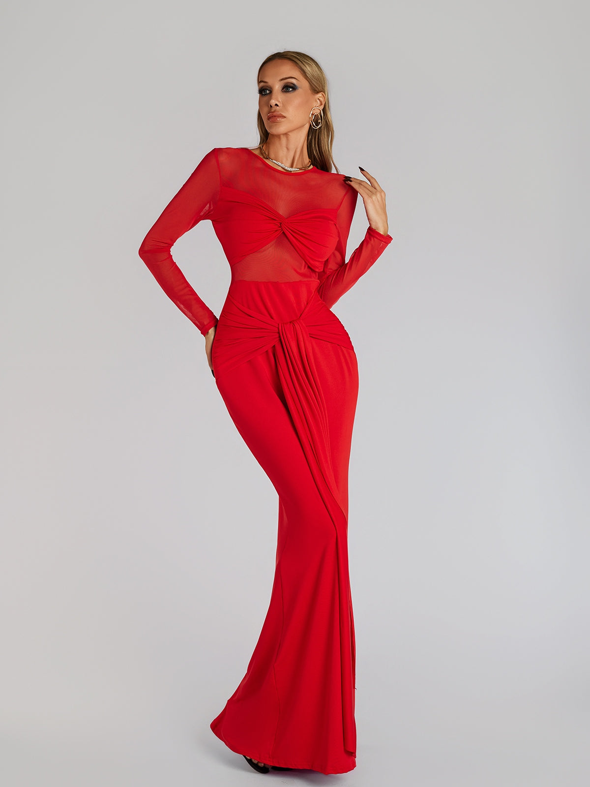 Fares Long Sleeve Tie Up Maxi Dress