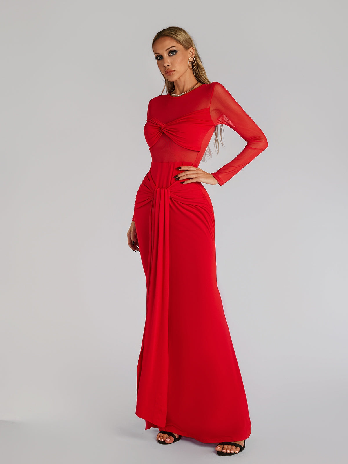 Fares Long Sleeve Tie Up Maxi Dress