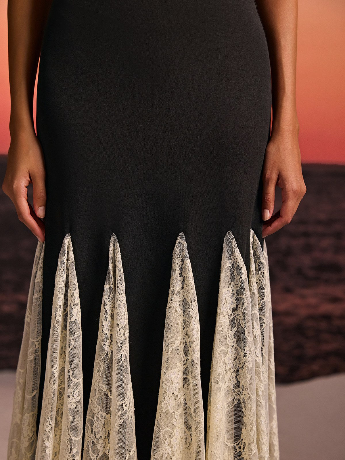 Farsel Spaghetti Lace Flared Maxi Dress