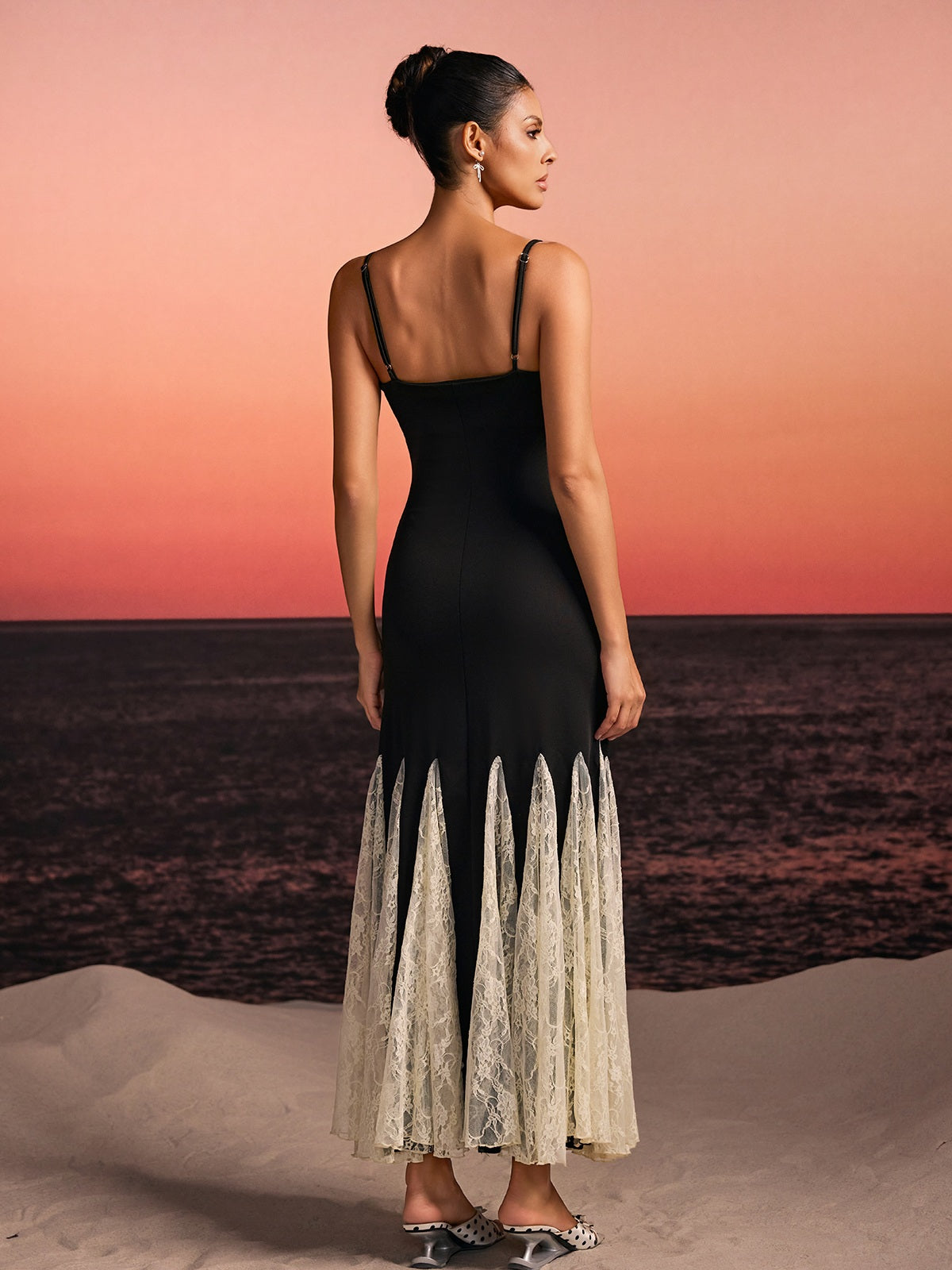 Farsel Spaghetti Lace Flared Maxi Dress