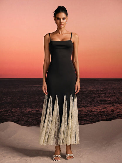 Farsel Spaghetti Lace Flared Maxi Dress