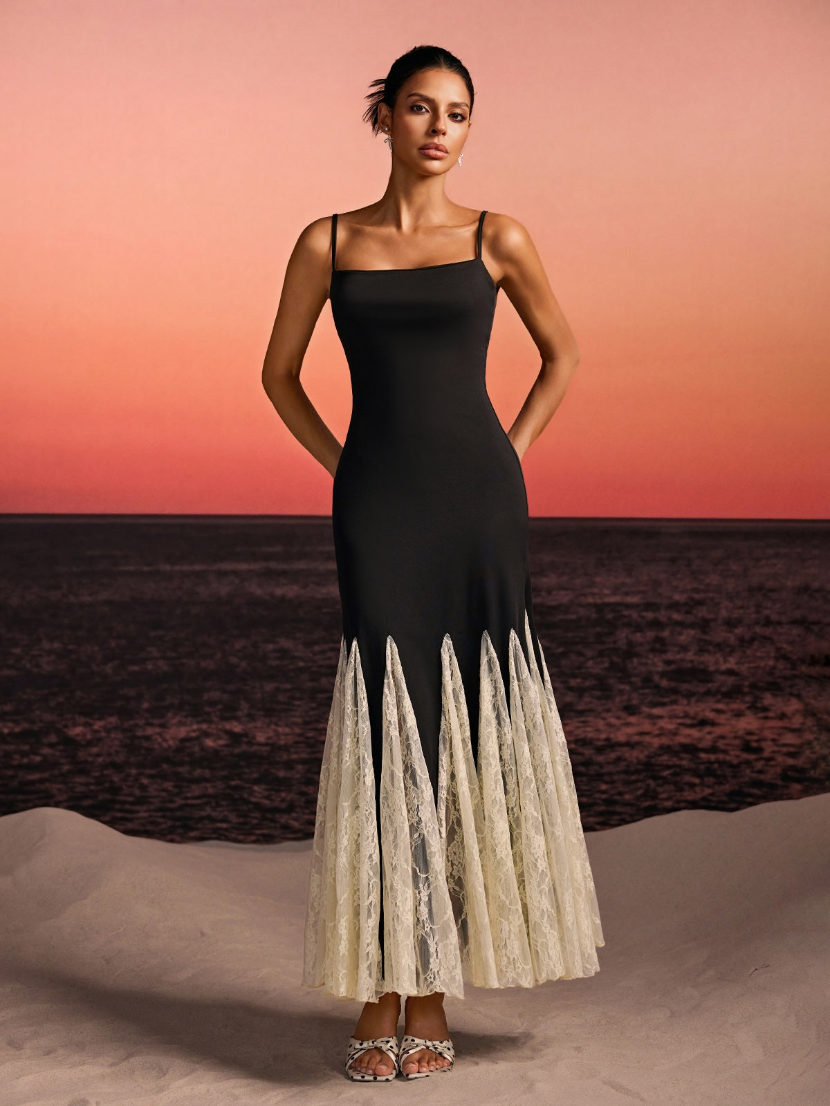 Farsel Spaghetti Lace Flared Maxi Dress