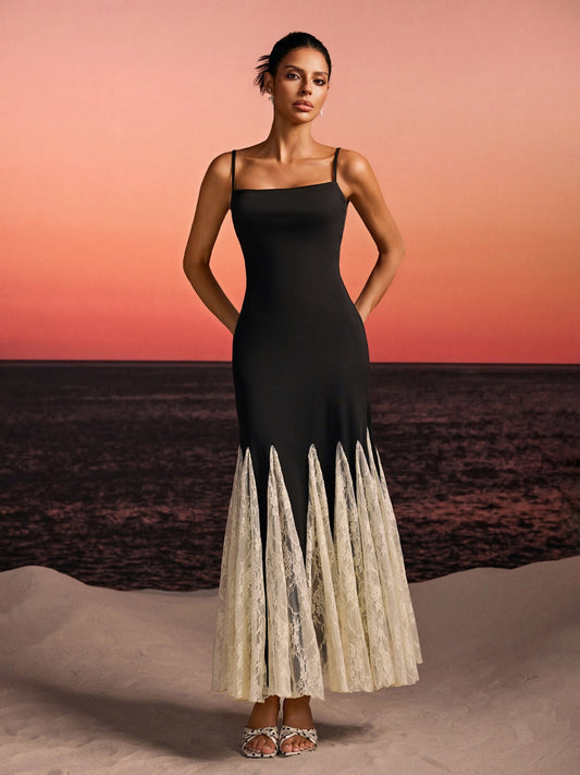 Farsel Spaghetti Lace Flared Maxi Dress