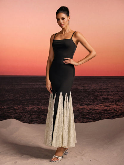 Farsel Spaghetti Lace Flared Maxi Dress