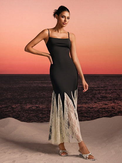 Farsel Spaghetti Lace Flared Maxi Dress