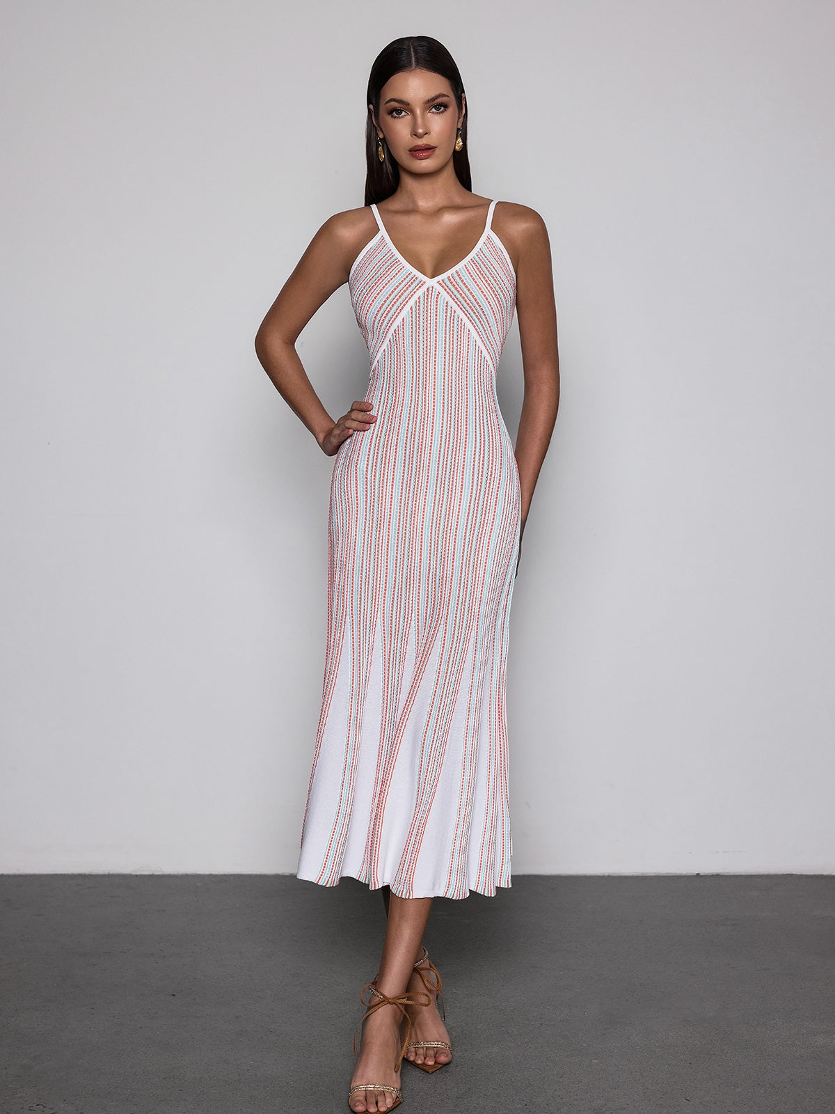 Rosstef V Neck Stripe Knit Midi Dress