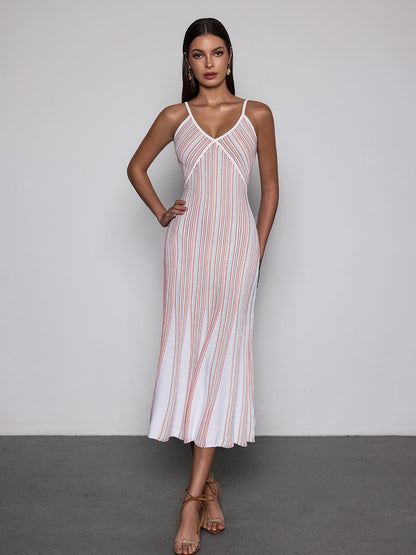 Rosstef V Neck Stripe Knit Midi Dress
