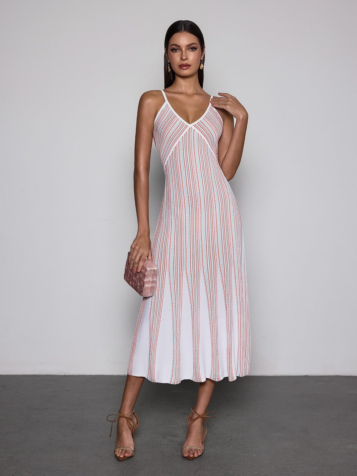 Rosstef V Neck Stripe Knit Midi Dress