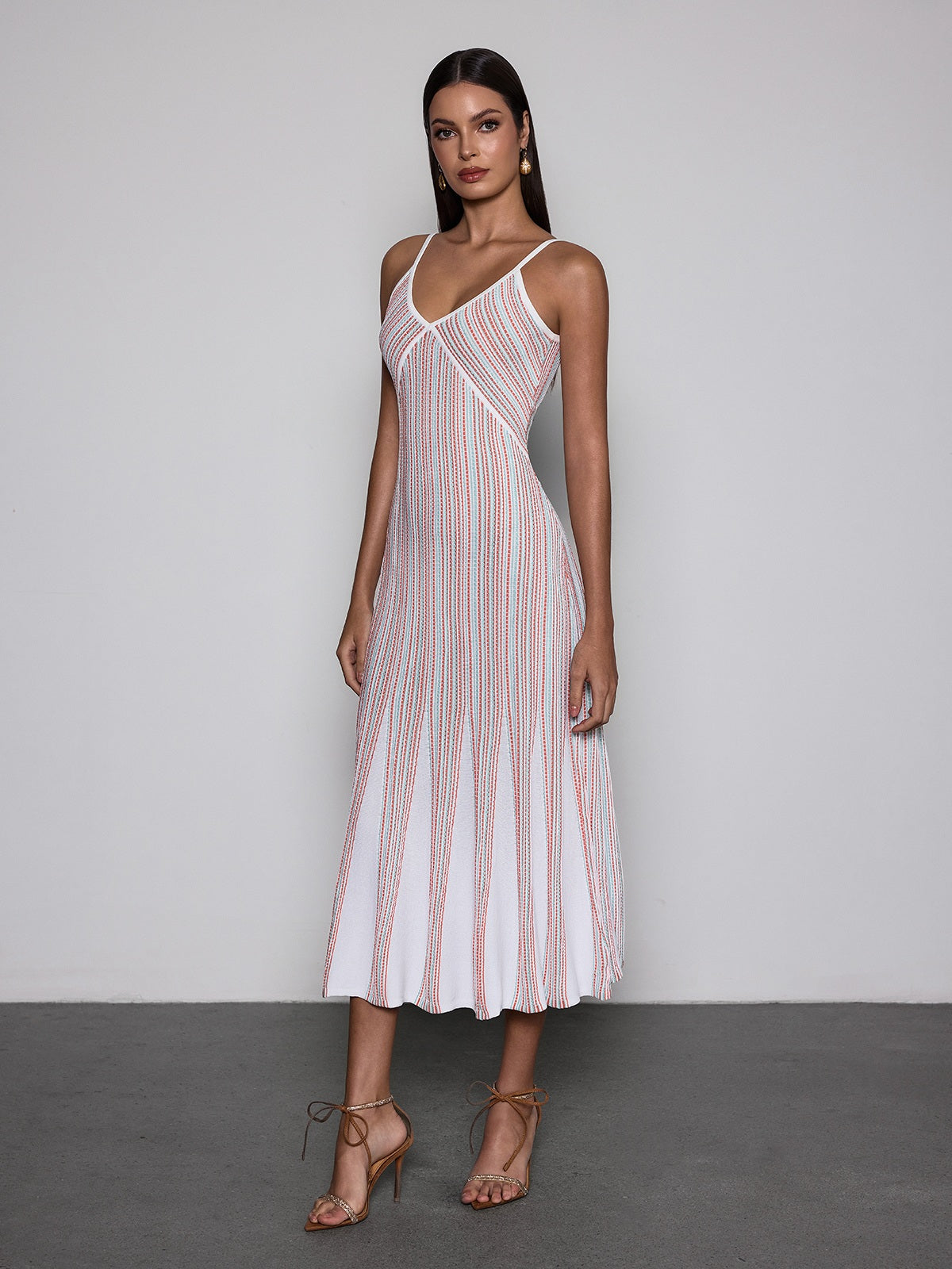 Rosstef V Neck Stripe Knit Midi Dress