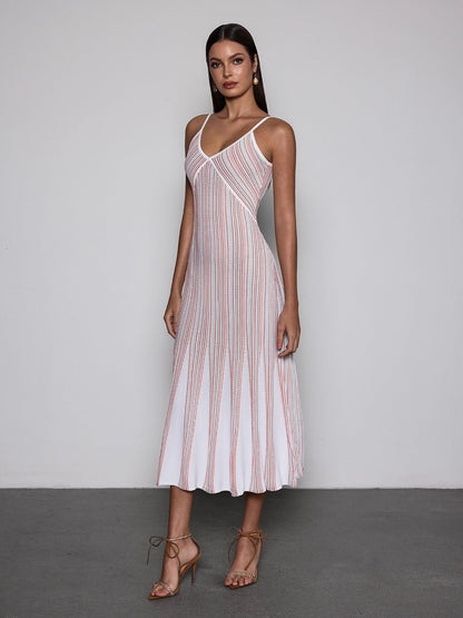 Rosstef V Neck Stripe Knit Midi Dress