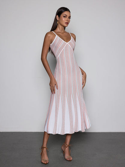 Rosstef V Neck Stripe Knit Midi Dress
