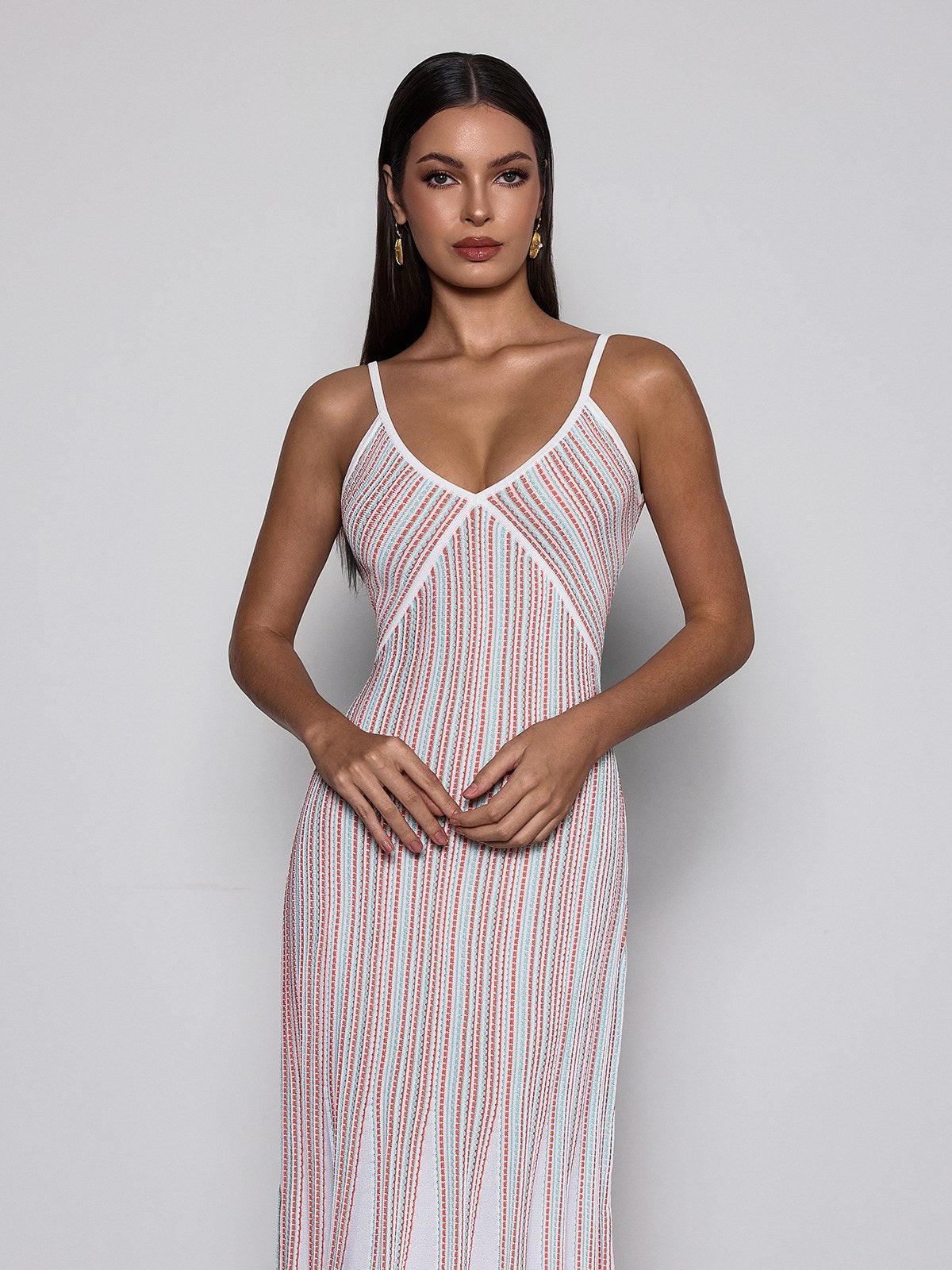 Rosstef V Neck Stripe Knit Midi Dress