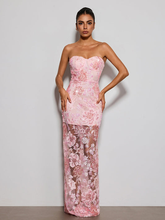 Fayvin Strapless Flower Sequin Maxi Dress