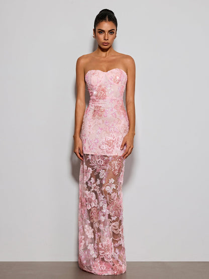 Fayvin Strapless Flower Sequin Maxi Dress