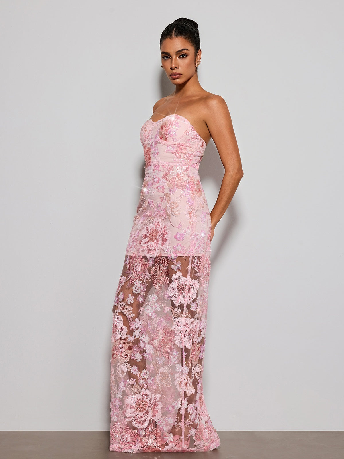 Fayvin Strapless Flower Sequin Maxi Dress