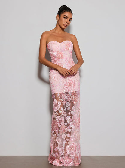 Fayvin Strapless Flower Sequin Maxi Dress