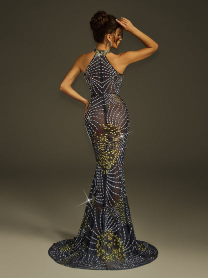 Fenris Crystal Mesh Mermaid  Maxi Dress