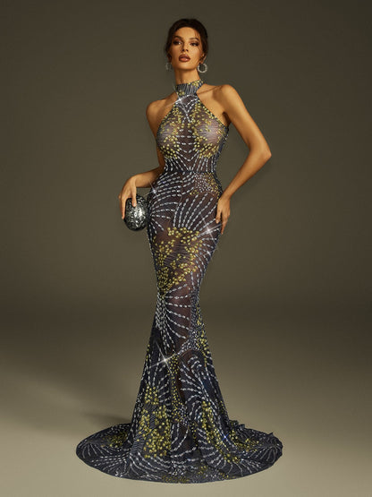 Fenris Crystal Mesh Mermaid  Maxi Dress