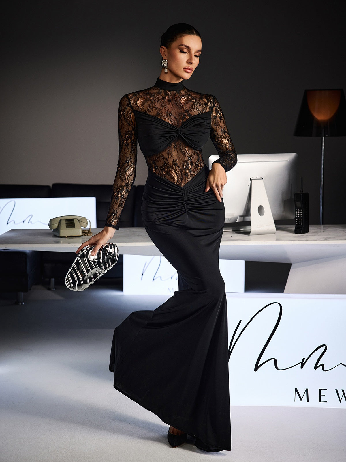 Feri Long Sleeve Embroidered Ruched Maxi Dress