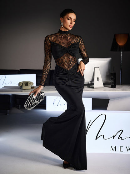 Feri Long Sleeve Embroidered Ruched Maxi Dress