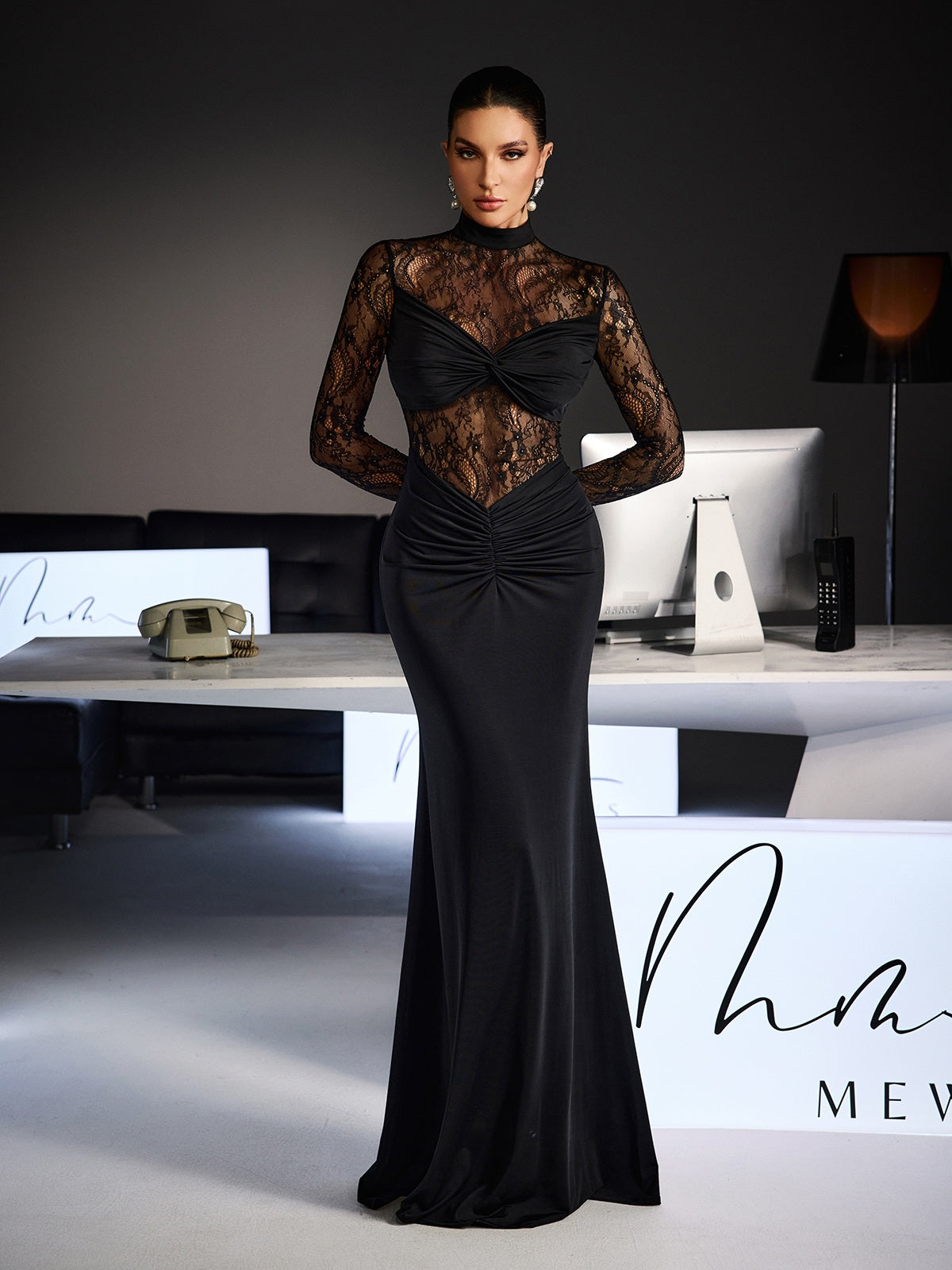 Feri Long Sleeve Embroidered Ruched Maxi Dress