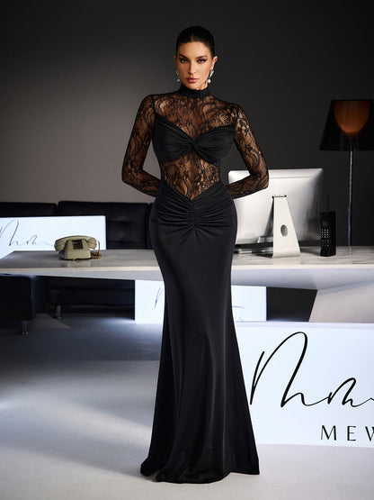 Feri Long Sleeve Embroidered Ruched Maxi Dress