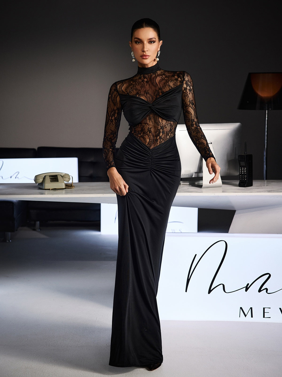 Feri Long Sleeve Embroidered Ruched Maxi Dress