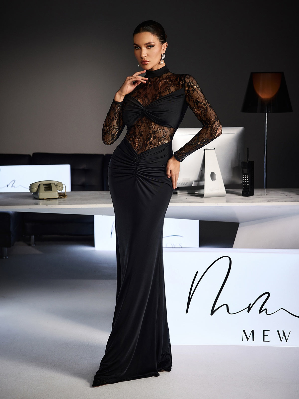 Feri Long Sleeve Embroidered Ruched Maxi Dress