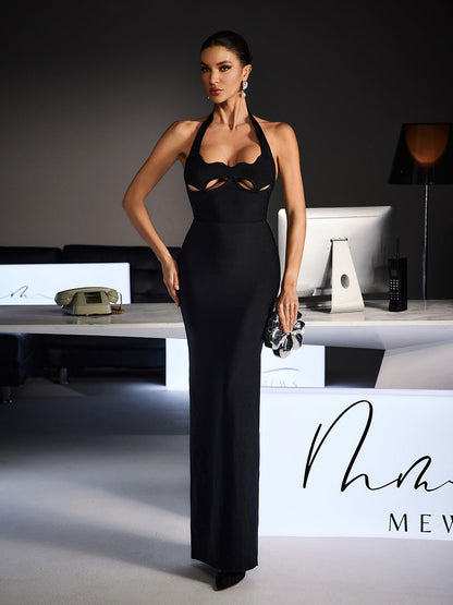 Ferid Halterneck Cutout Bandage Maxi Dress In Black
