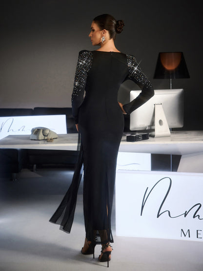 Fianna Long Slevee Ruched Rhinestone Maxi Dress