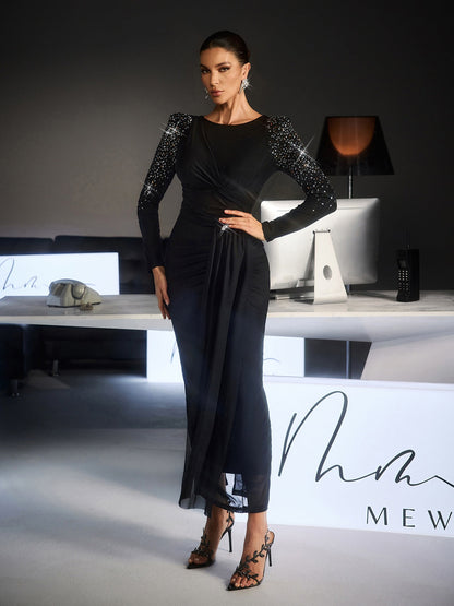 Fianna Long Slevee Ruched Rhinestone Maxi Dress