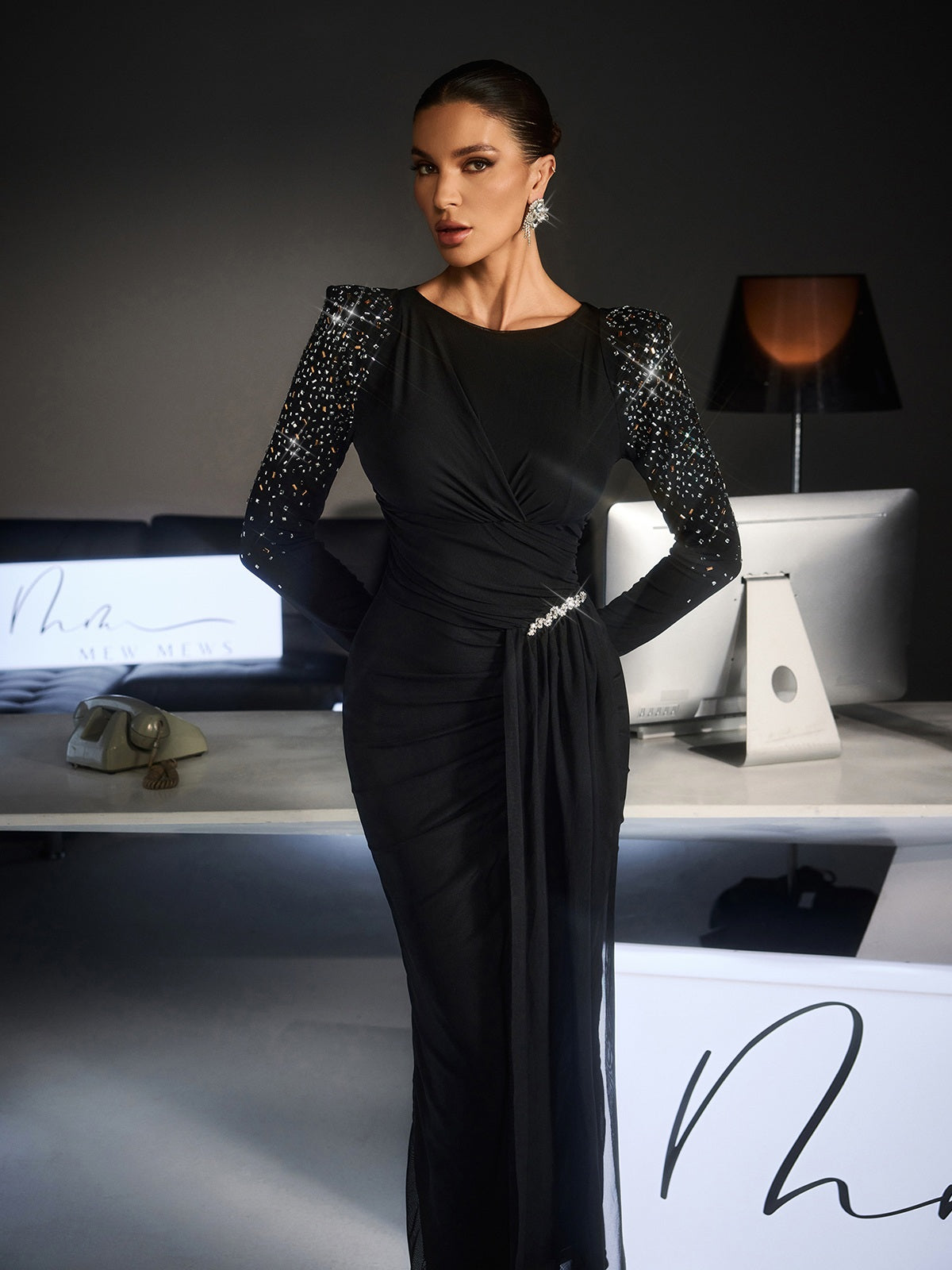 Fianna Long Slevee Ruched Rhinestone Maxi Dress