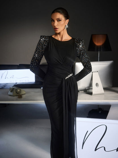 Fianna Long Slevee Ruched Rhinestone Maxi Dress