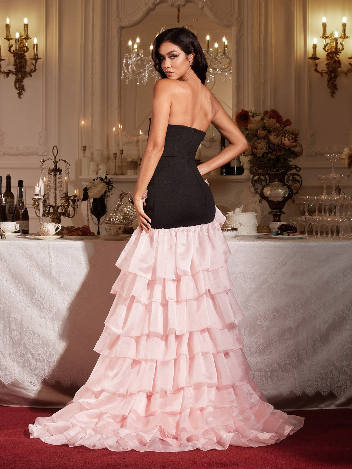 Filib Strapless Flower Ruffle Tiered Maxi Dress