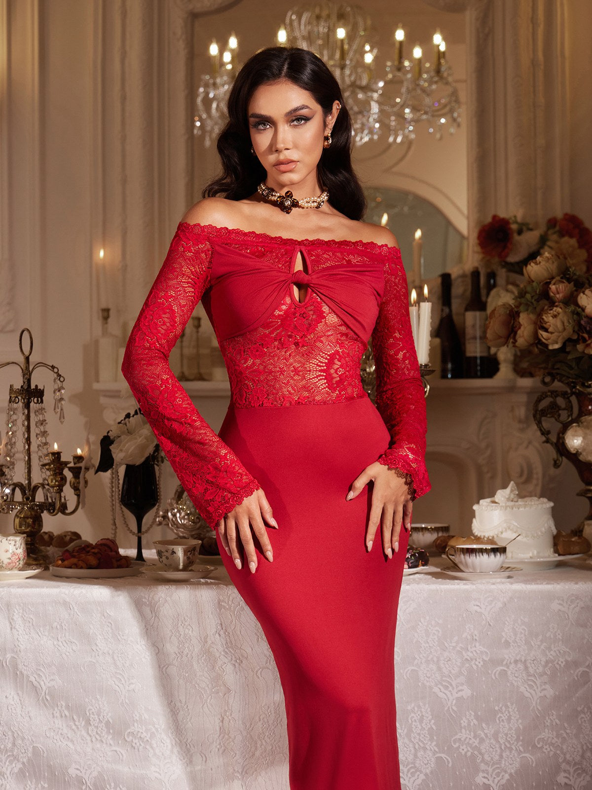 Filipp Off Shoulder Cutout Lace Maxi  Dress