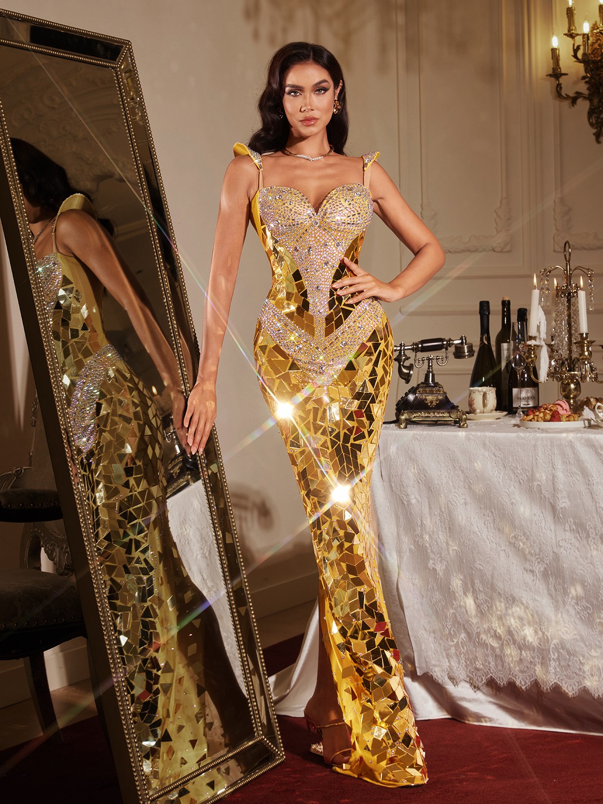 Finnegan Sleeveless Rhinestone Maxi Dress